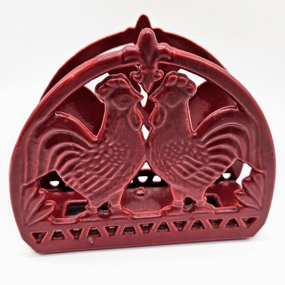 Red Cast Iron Rooster Farmhouse Napkin Holder Vintage - Picture 1 of 10